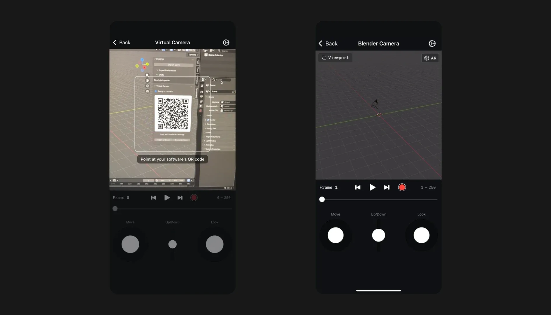 Scanning the Blender QR code in Omniscient, then the connected Blender Camera view